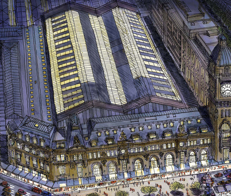 sketch of train station Gare de Lyon, bird eye view. sketched in ink and brushed with water color.