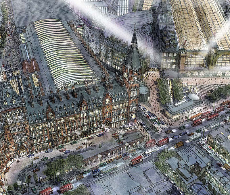 sketch of train station St. Pancras, bird eye view. sketched in ink and brushed with water color.